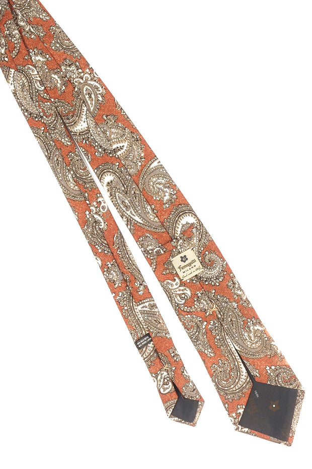 Cravatta stampata in seta-lana su fondo arancione con grandi disegni paisely grigi e bianchi-Fumagalli 1891        - Fumagalli 1891