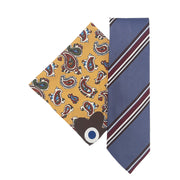 light blue regimetal tie and yellow pocket square