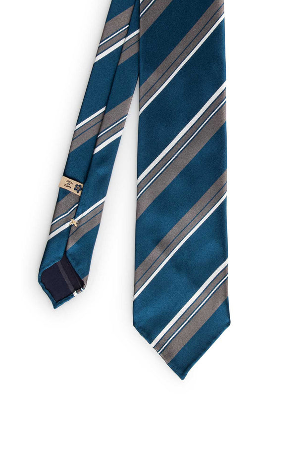Cravatta sfoderata di seta azzurra, grigia e bianca a righe assimmetriche - Fumagalli 1891