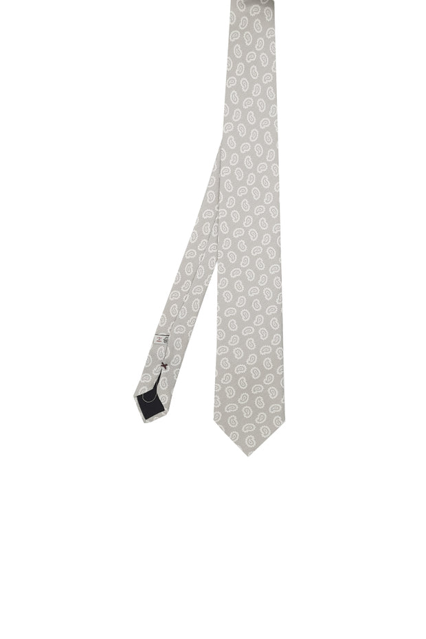 Cravatta stampata grigio chiaro in pura seta con motivo paisley classico - Fumagalli 1891