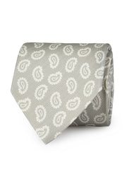 Light grey tie with white classic paisley in pure silk printed- Fumagalli 1891