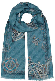 Light blue macro paisley Prince of Wales wool scarf