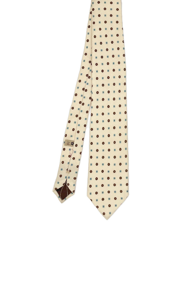 TOKYO - BEIGE MICRO FLORAL BROWN AND AQUAMARINE CLASSIC PRINTED HAND MADE SILK TIE