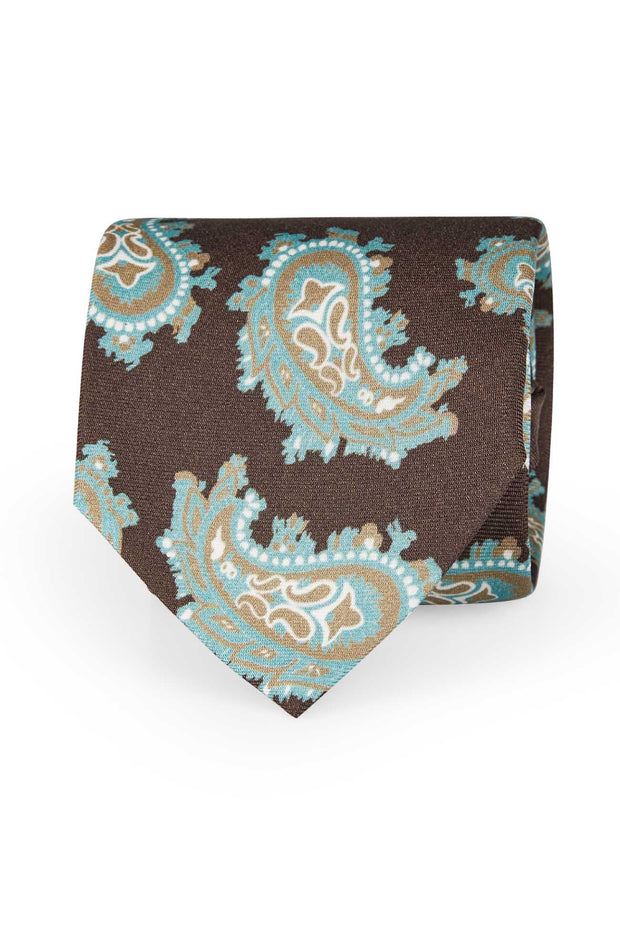 TOKYO - Cravatta stampata in seta marrone con macro paisley