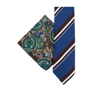combination of blue regtimental tie and brown paisley pocket square