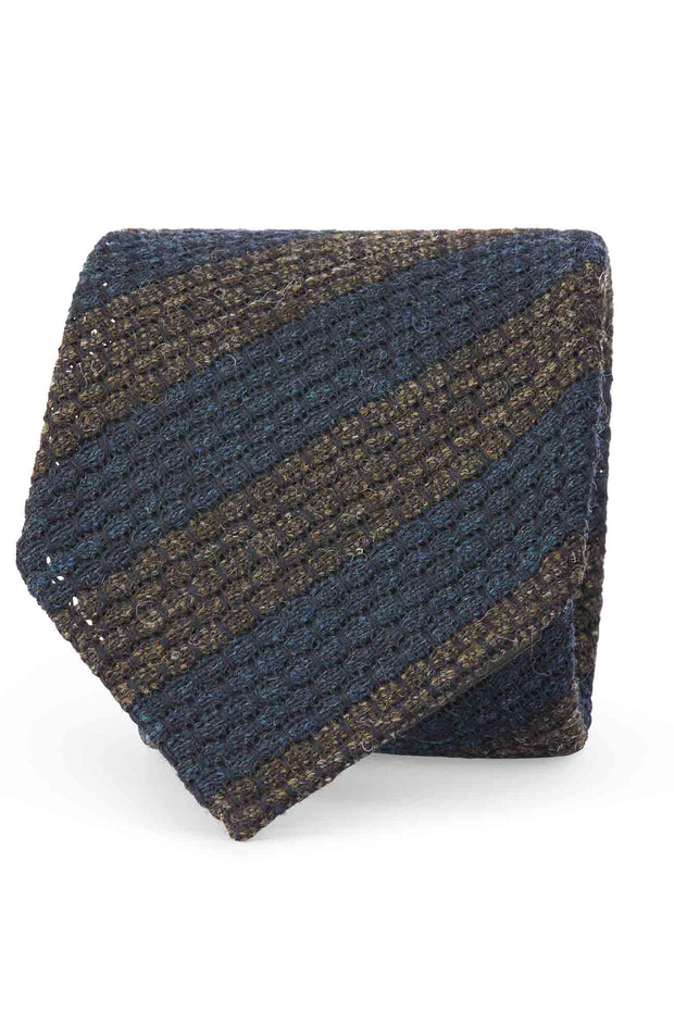 Cravatta sfoderata regimental in garza seta-lana blu e marrone - Fumagalli 1891