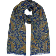 Fringed blue, orange paisley selected wool scarf