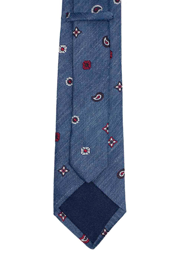 Cravatta in seta/lino jacquard azzurra con piccoli disegni bianchi, marroni e bordeaux - Fumagalli 1891 - Fumagalli il 1891