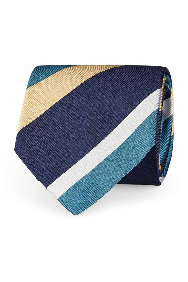 Cravatta a righe asimmetriche blu e gialla in seta - Fumagalli 1891