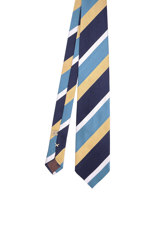 Cravatta a righe asimmetriche blu e gialla in seta - Fumagalli 1891