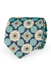 TOKYO - Cravatta stampata in seta con motivo a diamante blue, verde acqua e beige