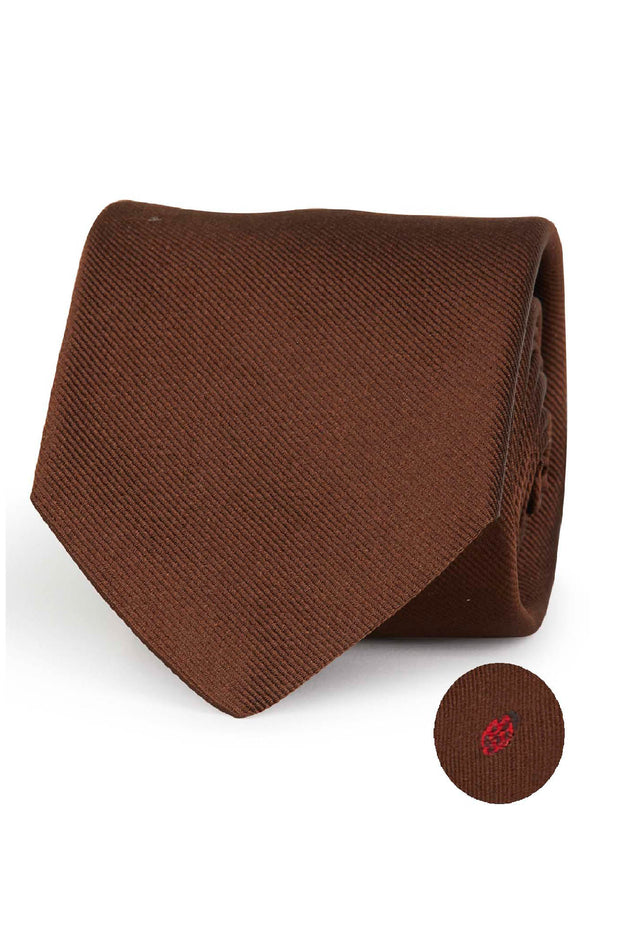 Brown silk tie with ladybug under the knot