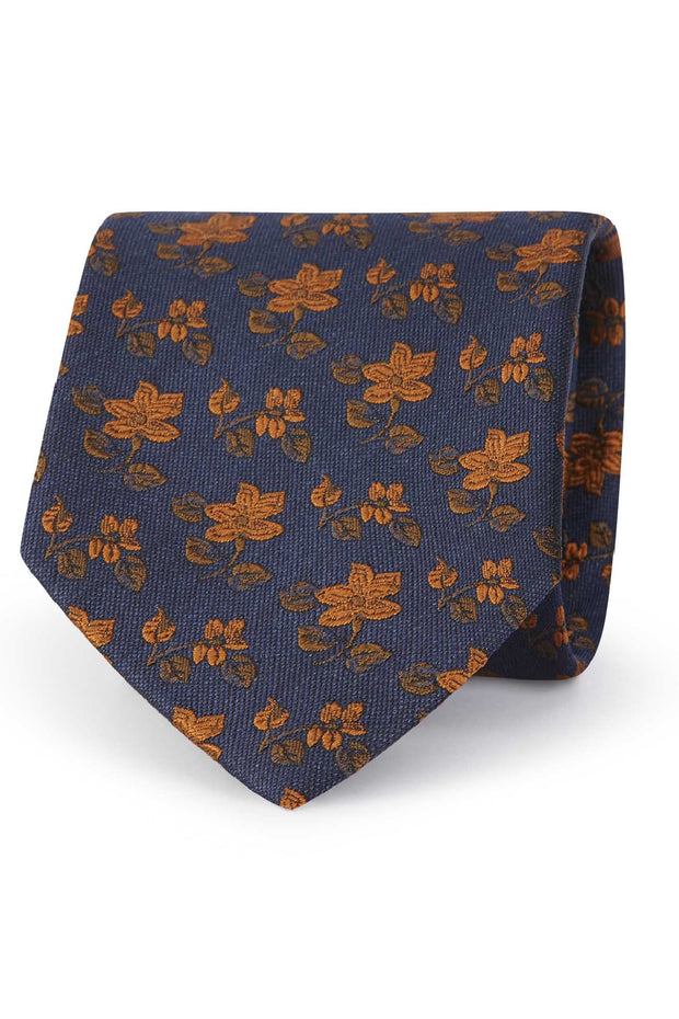Cravatta di seta jacquard floreale blu e arancione - Fumagalli 1891