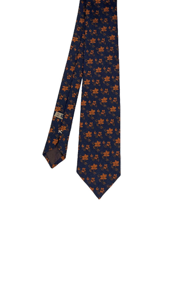 Blue & orange floral jacquard silk hand made tie