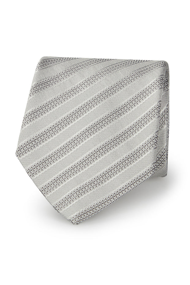 Cravatta jacquard in pura seta color grigio chiaro cucita a mano a righe grandi - Fumagalli 1891