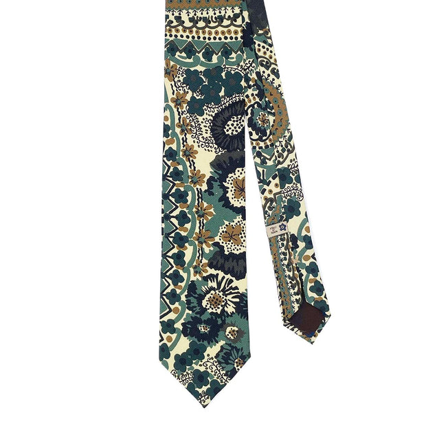 TOKYO - Beige and green macro floral printed silk hand made tie