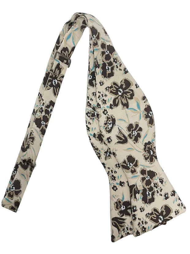 Beige floral printed self-tie bow tie