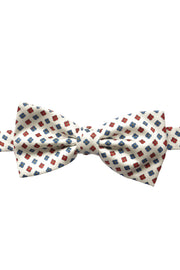 blue and red flowers stand out on a white background on this silk printed hand made ready-tied bow tie