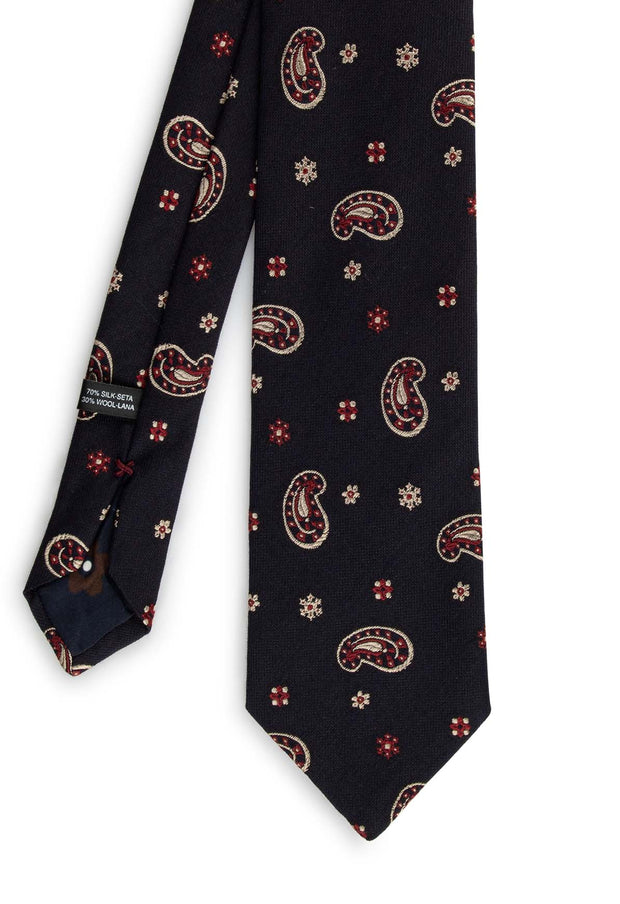 vision of the front of the tie with blu, red & white paisley