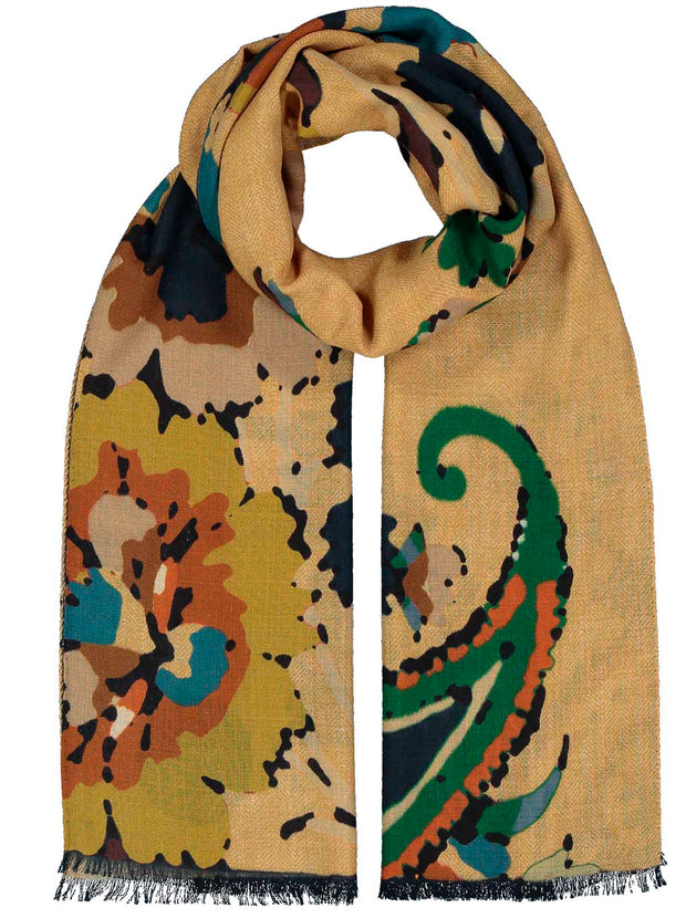 Sand Brown wool big floral design printed scarf - Fumagalli 1891