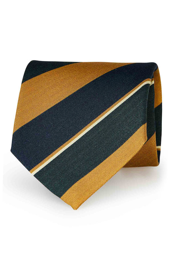 Yellow, blue and dark green regimental silk printed hand made tie