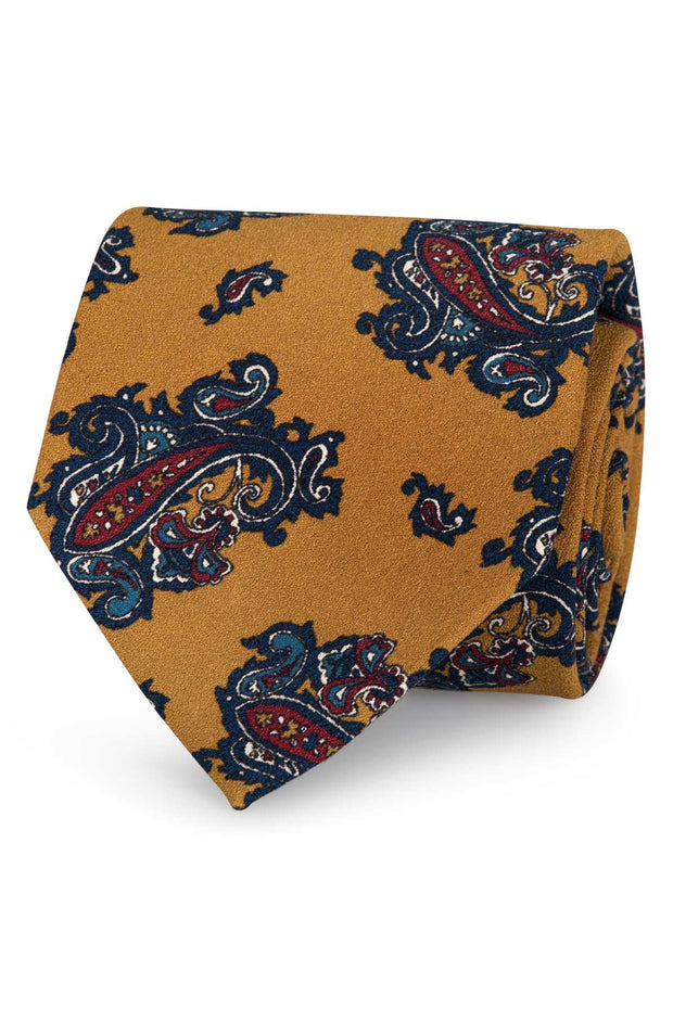 Cravatta stampata gialla con macro paisley di seta - Fumagalli 1891 